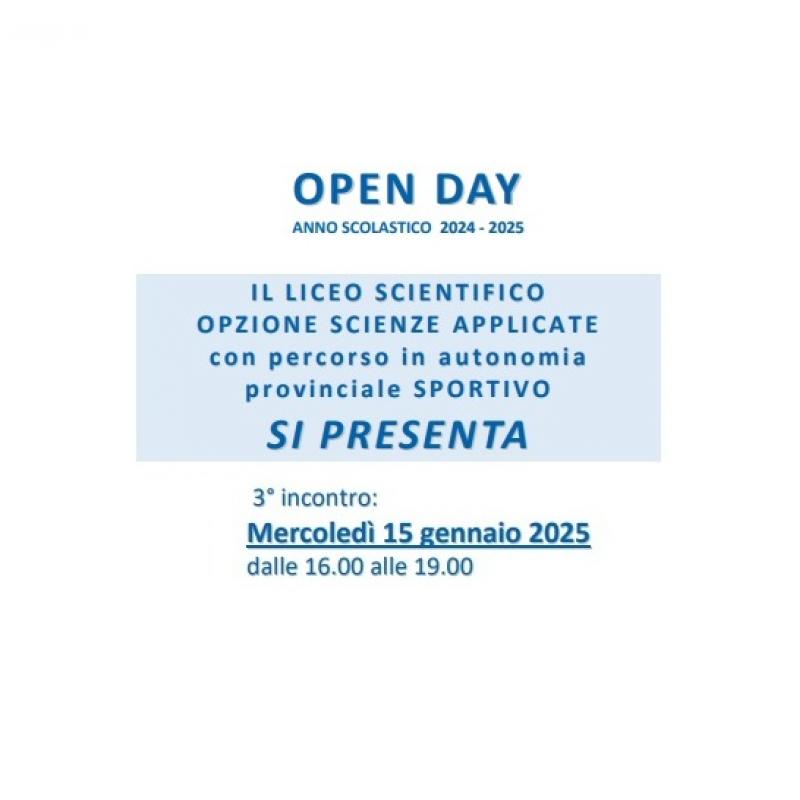 Si avvisa che la 3° serata di presentazione della scuola 'OPEN DAY' è stata spostata a mercoledì 15 gennaio 2025 alle ore 16:00! Per la prenotazione è possibile chiamare il 0471/400340 oppure scrivere a segreteria@toniolo-online.it