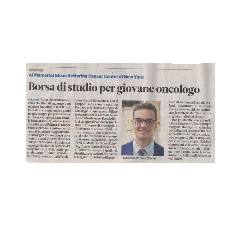 Complimenti al nostro ex studente LUCA BOSCOLO BIELO per essere uno dei tre giovani oncologi vincitori della borsa di studio post-dottorato 'Gianni Bonadonna 2024' che gli permetterà di operare al 'Memorial Sloan Kettering Cancer Center' di New York.